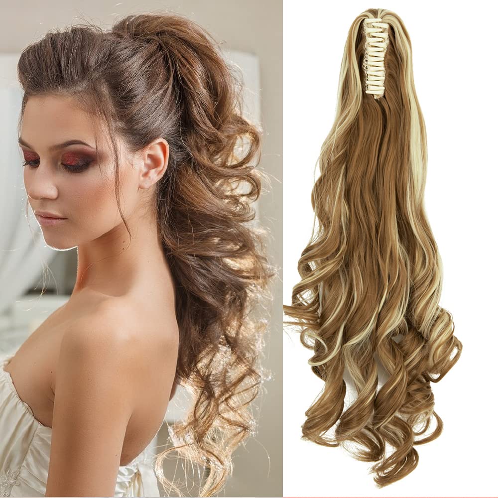 SAITI 24" Claw Ponytail Extensions Clip in Ponytail Hair Extension Wavy Ombre Synthetic Hairpiece One Piece A Jaw Long Pony Tails for Women