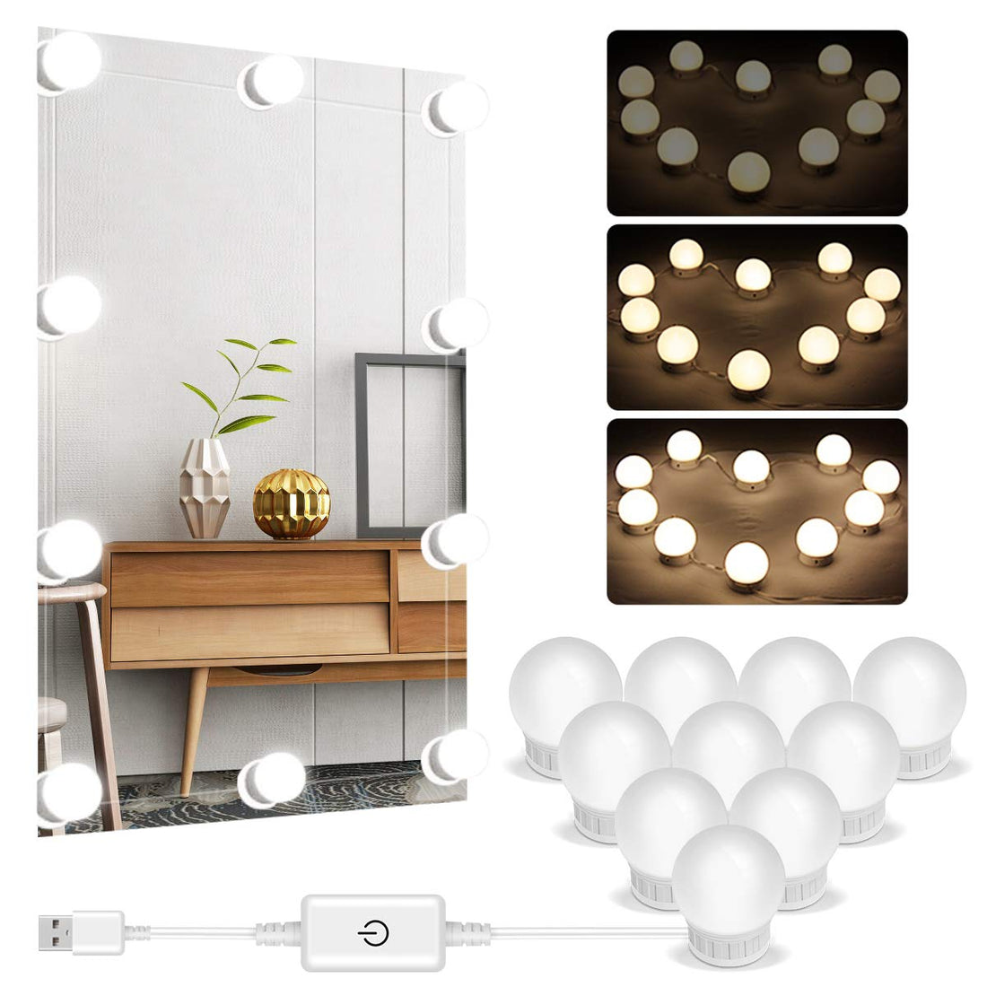 LED Vanity Lights Stick On, Hollywood Mirror Light Kit With 10 Dimmable Bulbs, Adjustable Brightness and Length, USB Power Lighting Strip for Dressing Table