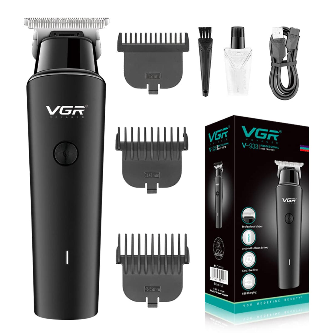 VGR V-933 Professional Cordless Rechargeable Hair Trimmer with 2000mAh Lithium battery, USB Charging Cable, Precision blade, On/Off Button, 3 Guide Combs for men Runtime: 500 minutes, Black