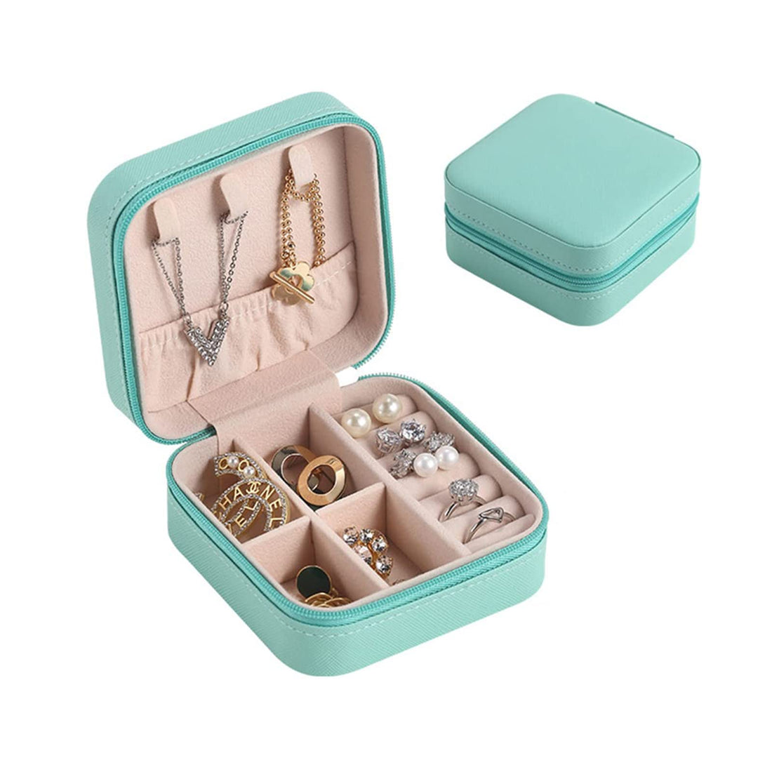YUOCT Faux Leather Small Jewelry Box Necklace Ring Storage Organizer Mini Jewelry Case Double Layer Travel Jewelry Organizer for Women Girls Mother's Day Gift (Tiffany Blue)