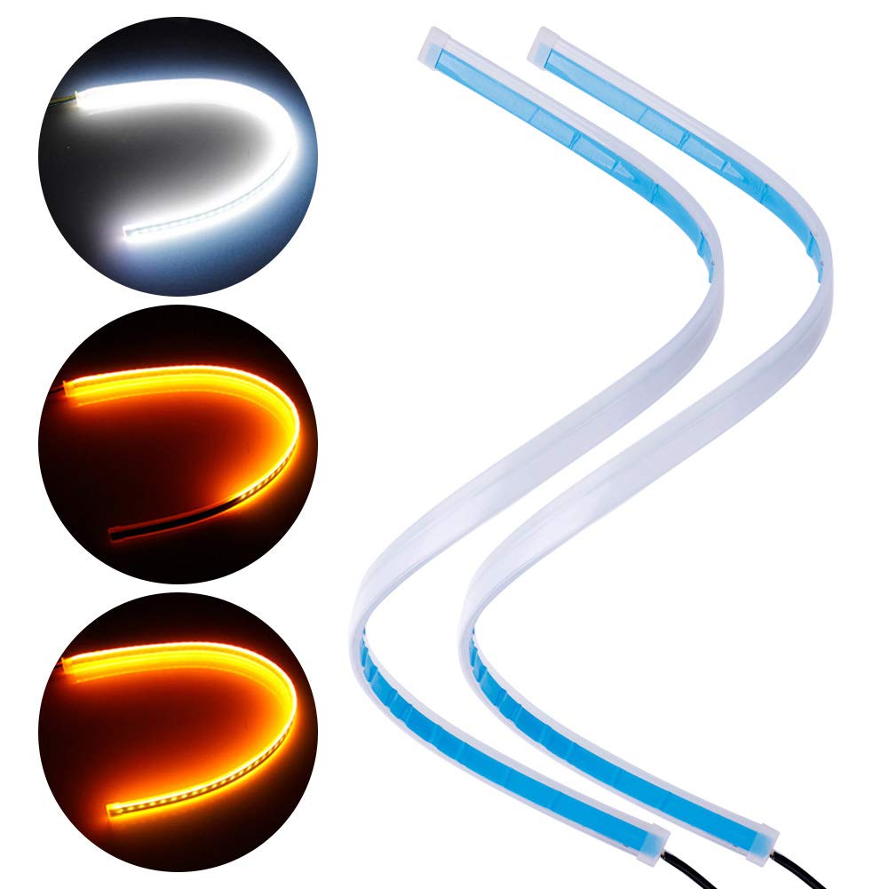 2 x 60cm LED Daytime Running Light Dual Color Silicone Flexible DRL LED Waterproof Slim Car Soft Tube Strip, DC 12V Signal Light