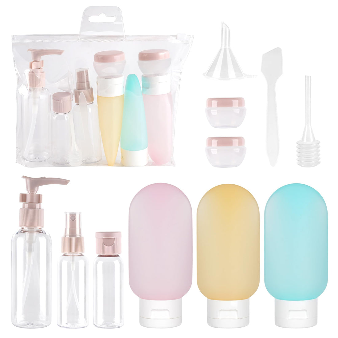 11 Pcs Travel Toiletry Product Kit, Airplane Accessories 30/50/60/80 ml, Empty Bottle for Filling Toiletries, Empty Silicone Tube, Transparent Spray, Small Cream Jar