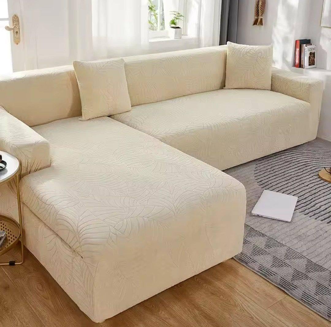 Generic Velvet L-Shape Corner Sofa Cover, Beige, 2.5 Meters, Leaf Embossed Pattern, Stretch Slipcover, .br