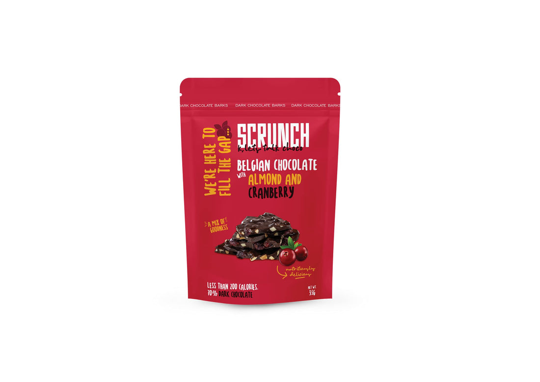 Scrunch - belgian dark chocolate barks with almond and cranberry 35g