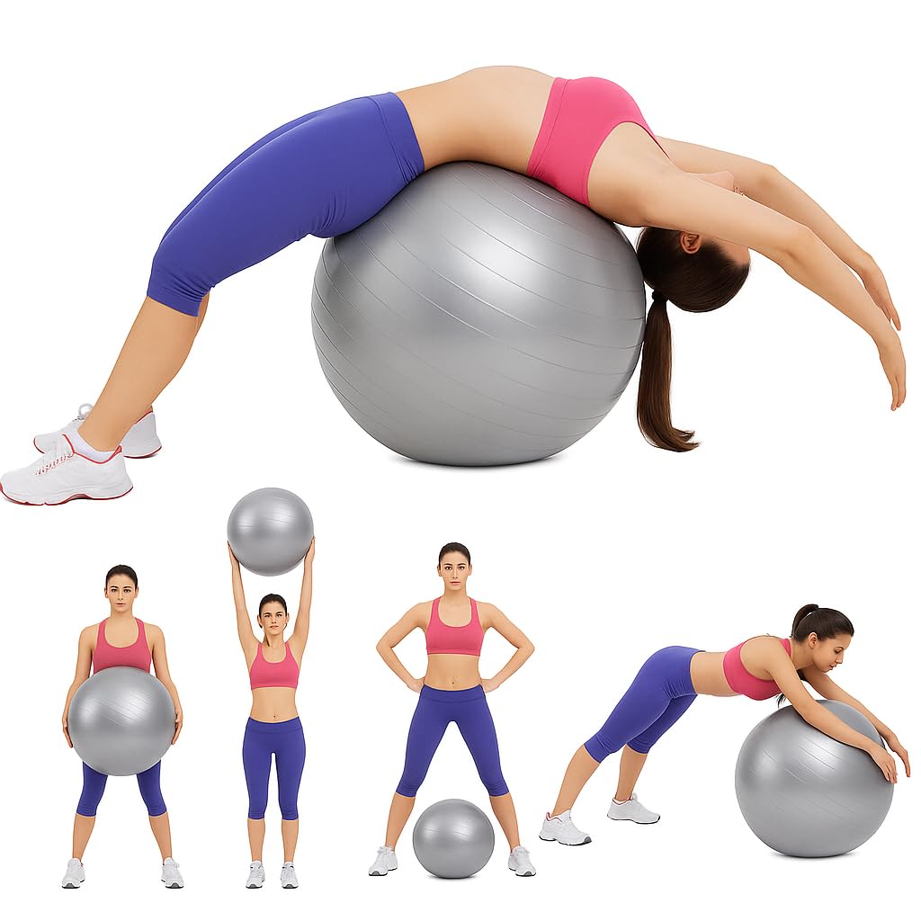 Yoga Ball Exercise Ball – Anti-Burst for Home Gym Pregnancy Pilates, Physical Therapy & Balance Training Stability Ball with Quick Pump – Slip-Resistant Swiss Ball (Grey) (75cm)