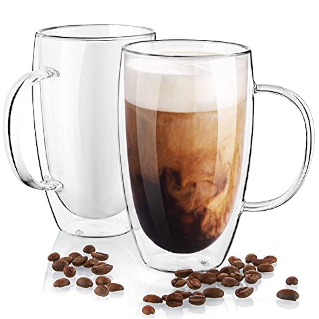 Double Wall Glass Coffee Mugs Set of 2, 16 oz Insulated Coffee Mug with Handle, Clear Glass Coffee Cups for Cappuccino, Tea, Lightweight and Microwave Safe, Ideal Gift for Thanksgiving Christmas