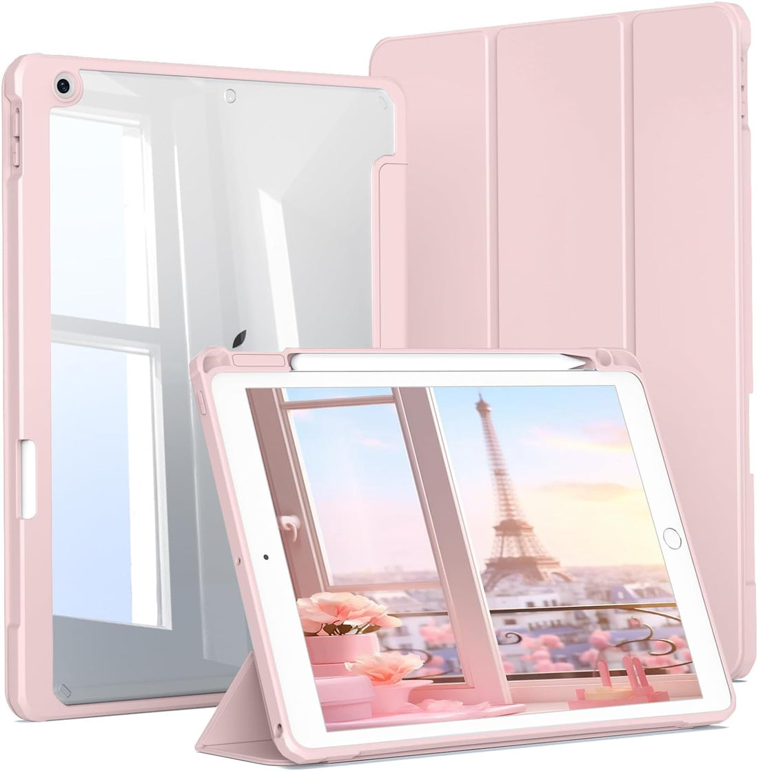 Durable Case Compatible – iPad 10.2-inch (9th/8th/7th Generation, 2021/2020/2019) with Pencil Holder, Clear Transparent Slim Back Case Stand Anti-Shock Tablet Cover (Pink)