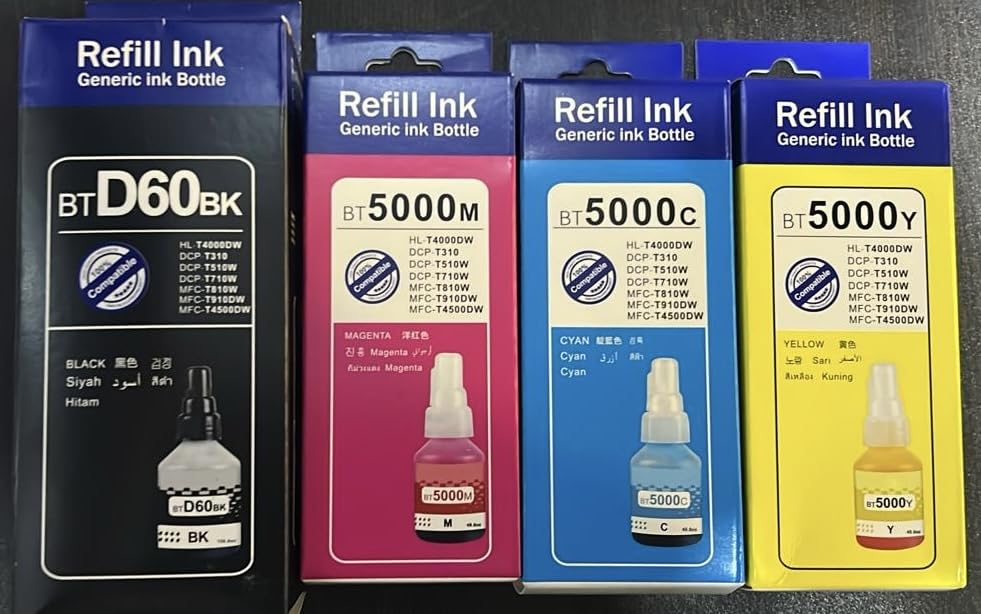 Brother Ink Set Compatible with DCP-T310/T510W/T710W/MFC-T810W/T910W, BTD60BK Black and BT5000 Cyan/Magenta/Yellow, 4-Pack