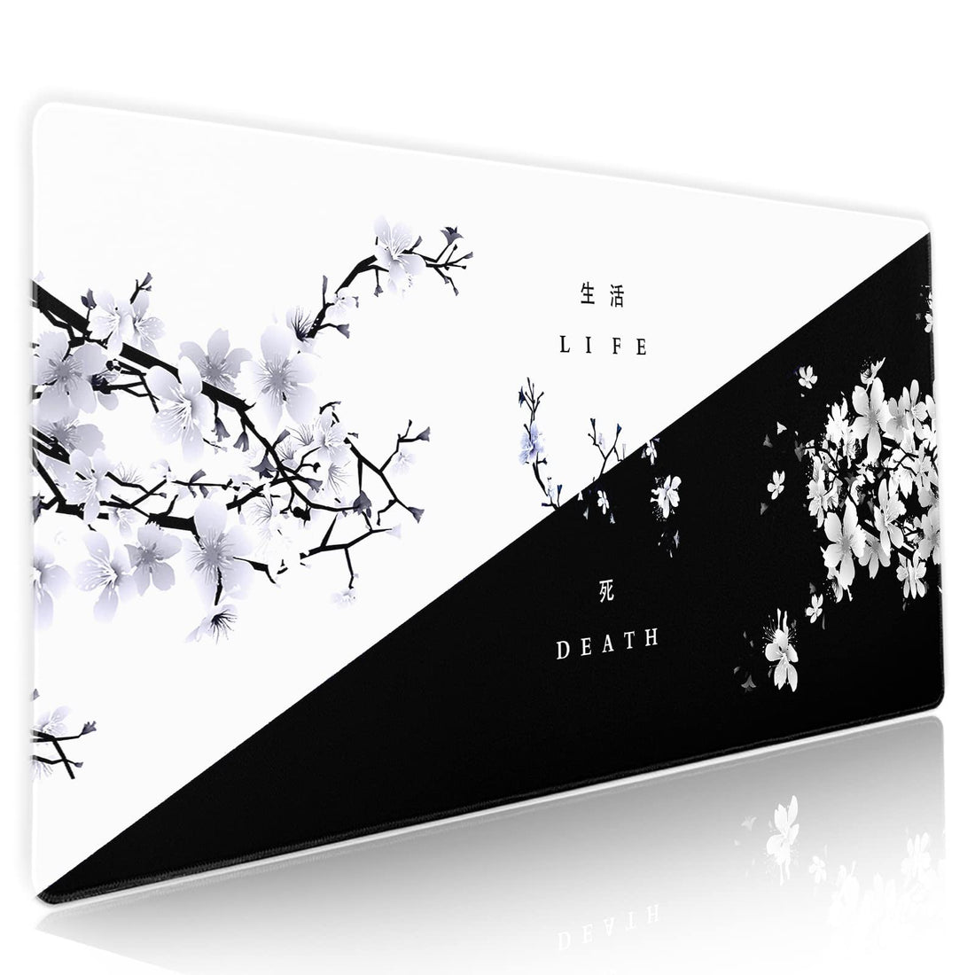 Black White Cherry Blossom Mouse Pad Japanese Sakura Death Life Flower Extended Desk Mat 90X40 CM Non-Slip Rubber Base Stitched Edge Large xxl Playmat for Gaming Laptop Computer Desktop 35.4×15.7 Inch