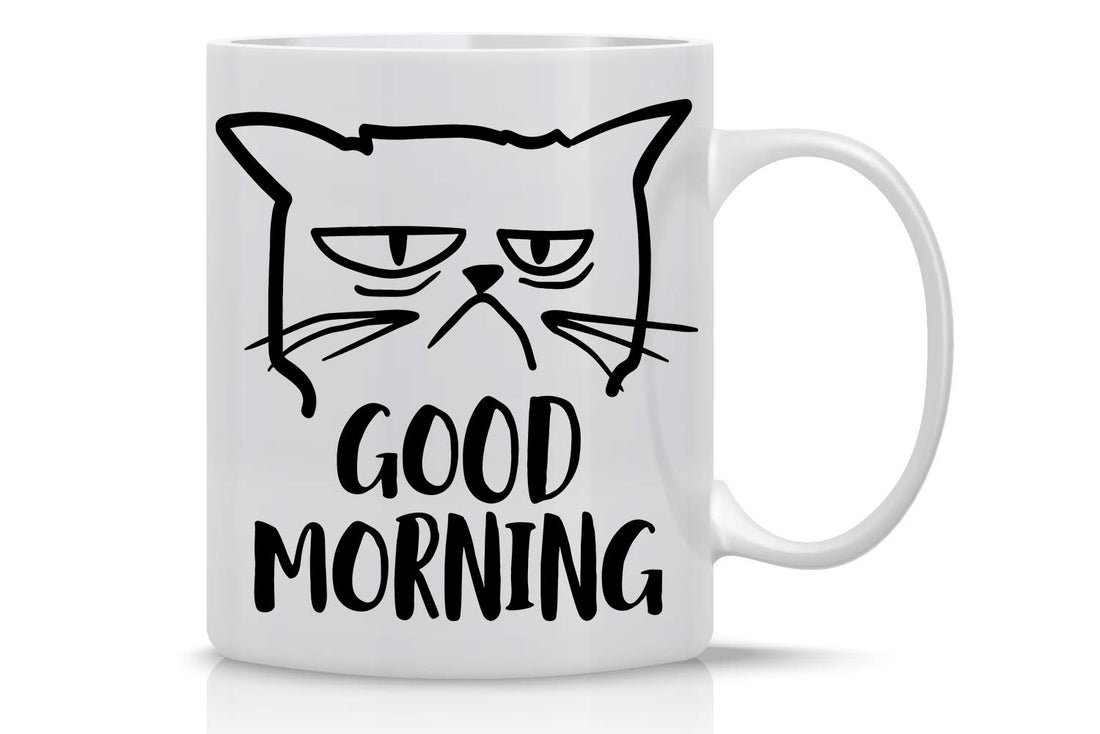 Good Morning Funny Grumpy Cat Mug - Cute Unique Cat Mom Gifts For Birthdays Present for Cat Lover Cup For Crazy Cat Ladies Great Office Mug Gag Gift - 11oz Coffee Mug and Tea Cup - By CBT Mugs