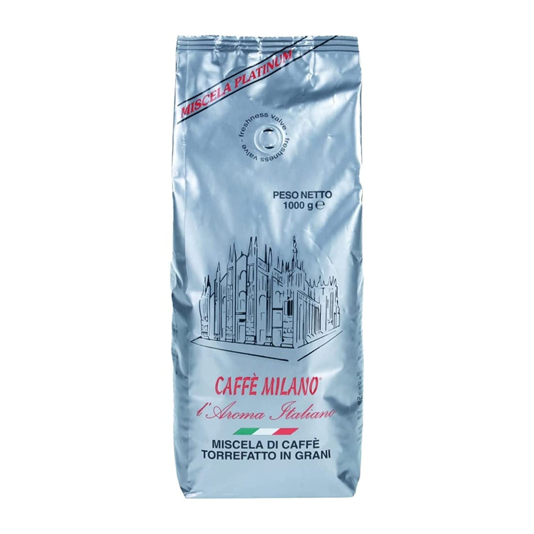 Caffe Milano Aroma Italiano Silver Platinum 100% Arabica Whole Espresso Beans 1Kg