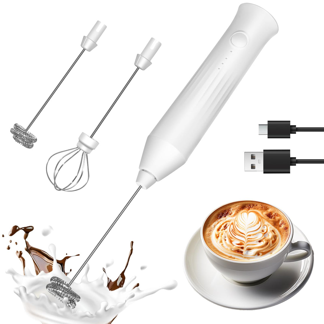 Rechargeable Milk Frother Handheld, Electric Frother Wand with 2 Stainless Stee Whisks & 3 Speeds,Drink Mixer Handheld for Coffee, Latte, Cappuccino, Matcha, Protein Shakes