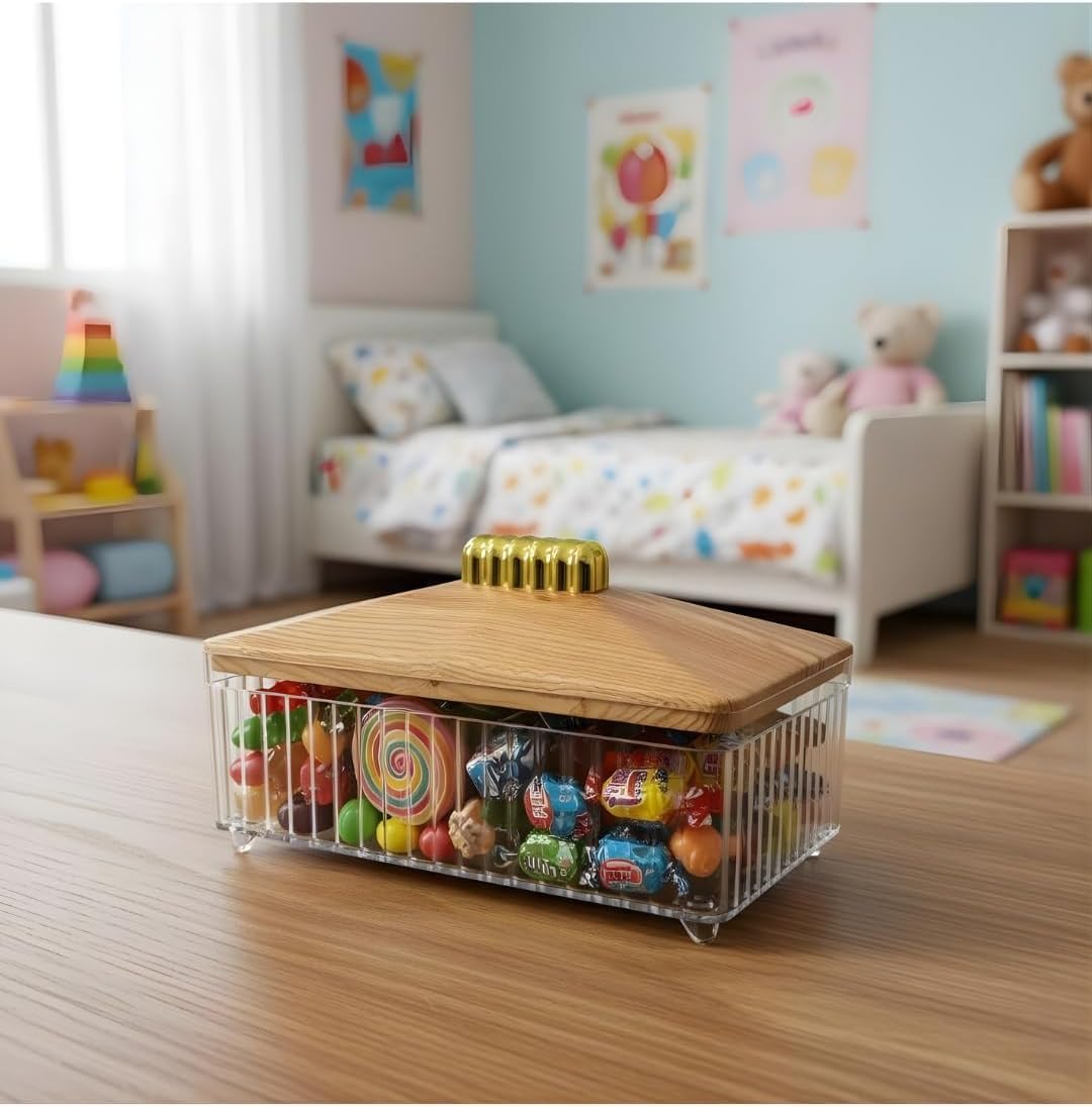 Elegant Transparent Acrylic Serving Box with Wooden Lid and Golden Handle for Luxury Presentation of Dates, Nuts, Sweets, and Snacks