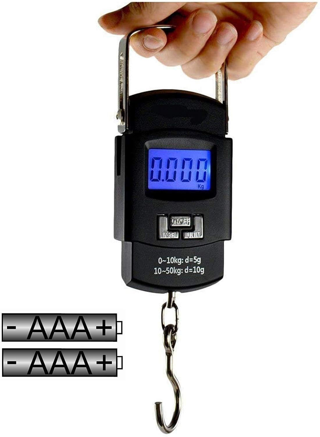 Digital Scale - Portable electronic hanging fish and luggage scale with LCD backlit display, accurate up to 50kg/110lbs for travel, camping, and postal weighing needs.