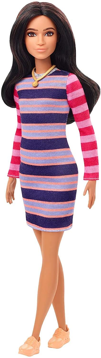 Barbie Fashionistas Doll #147 With Long Brunette Hair & Striped Dress Gyb02
