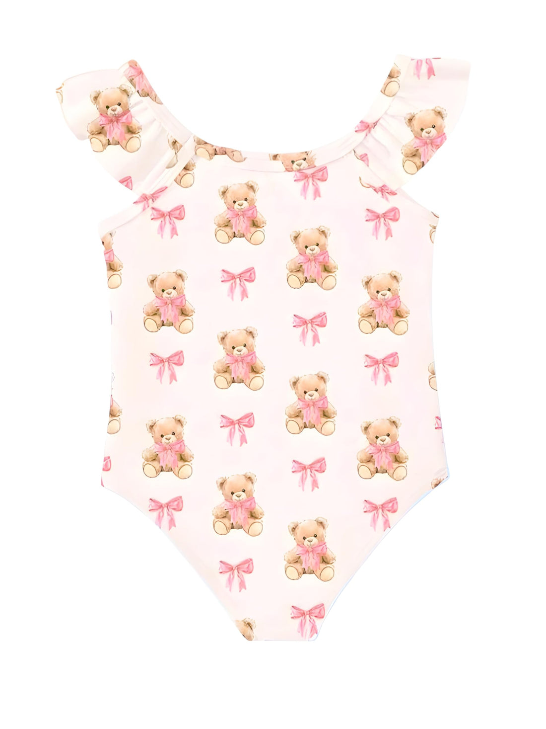 Shein F-KH Kids Swimsuit - SHEIN Cream White, Cute Sweet BM Style Bow Tie Bear Fairy Tale Pattern Print, Island Vacation ملابس سباحة للبنات اطفال