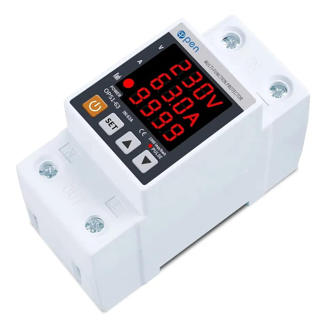 OPS1-63A 63A 230V 3IN1 Display Din rail adjustable over under voltage surge protector relay over current protect Kwh Power watt Meter