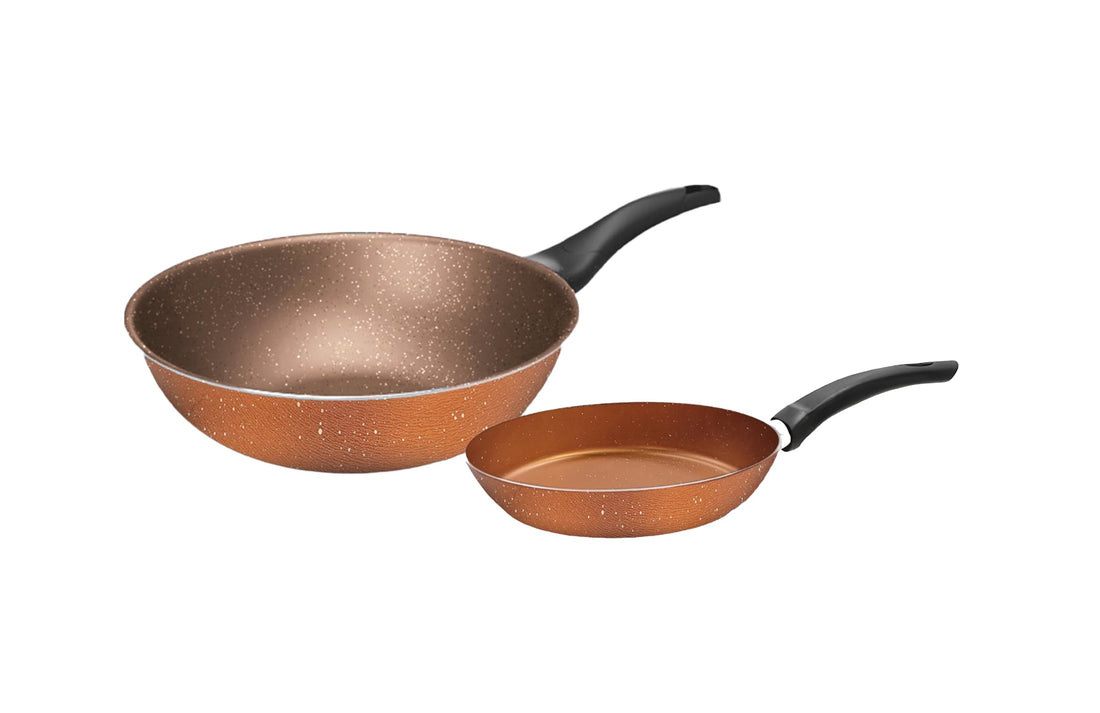 Trueval 26 cm Deep Frying Pan with a free 16 cm frying pan, in a copper color with white speckles