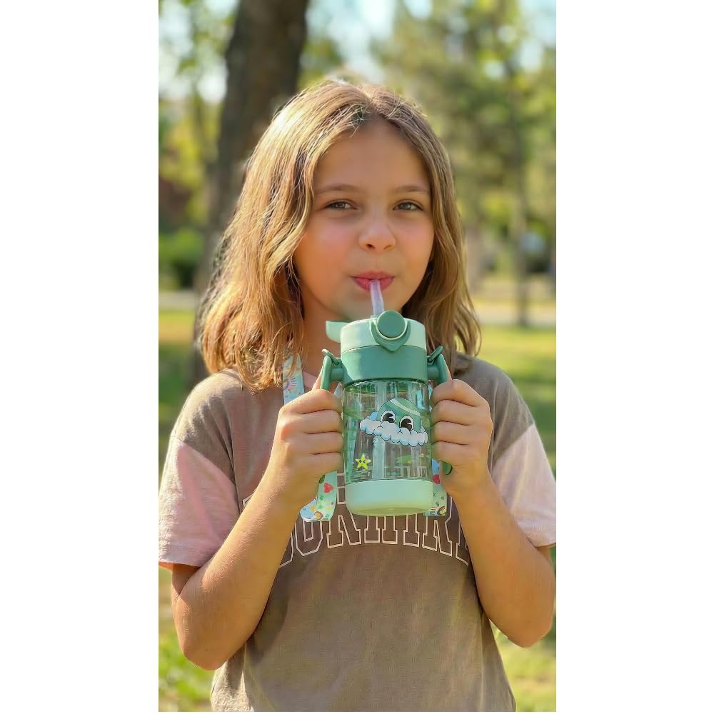 Fantastic-Kids-Toys Acrylic Water Bottle with Straw Handle Strap Leakproof BPA Free Drinking Cup Cartoon for School Travel Sports Daily Use 360ml Code-1347