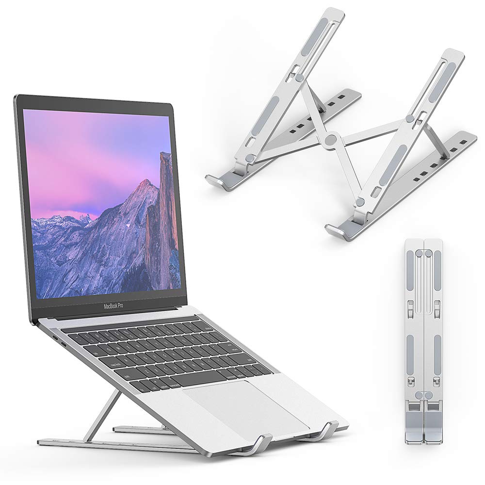 Elekin Laptop Stand, Foldable Aluminium Notebook Stand, Adjustable Universal Laptop Holder for Computer, Compatible for iPad Pro, Notebook, 6 Height Adjustable - Silver