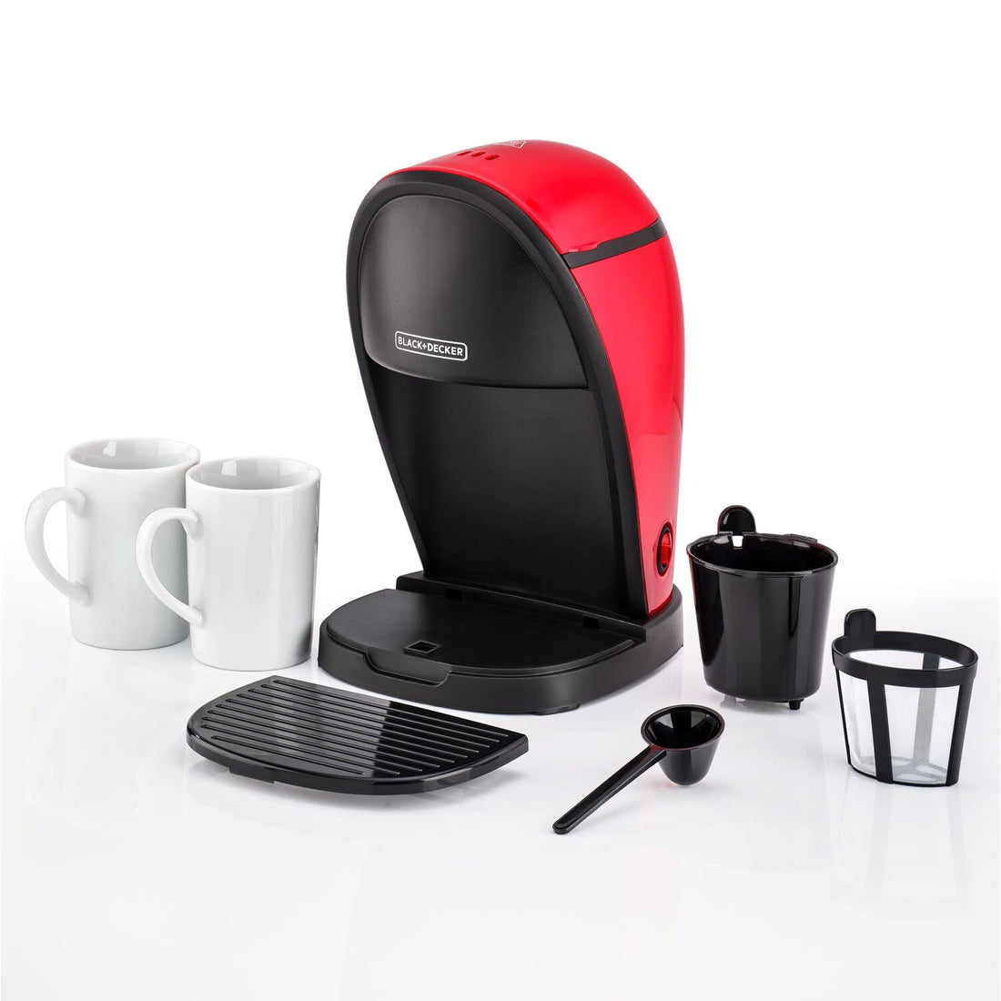 Black & Decker 450w 2 cups coffee maker machine 250ml water tank capacity with two mugs for drip and espresso dcm48 b5 red