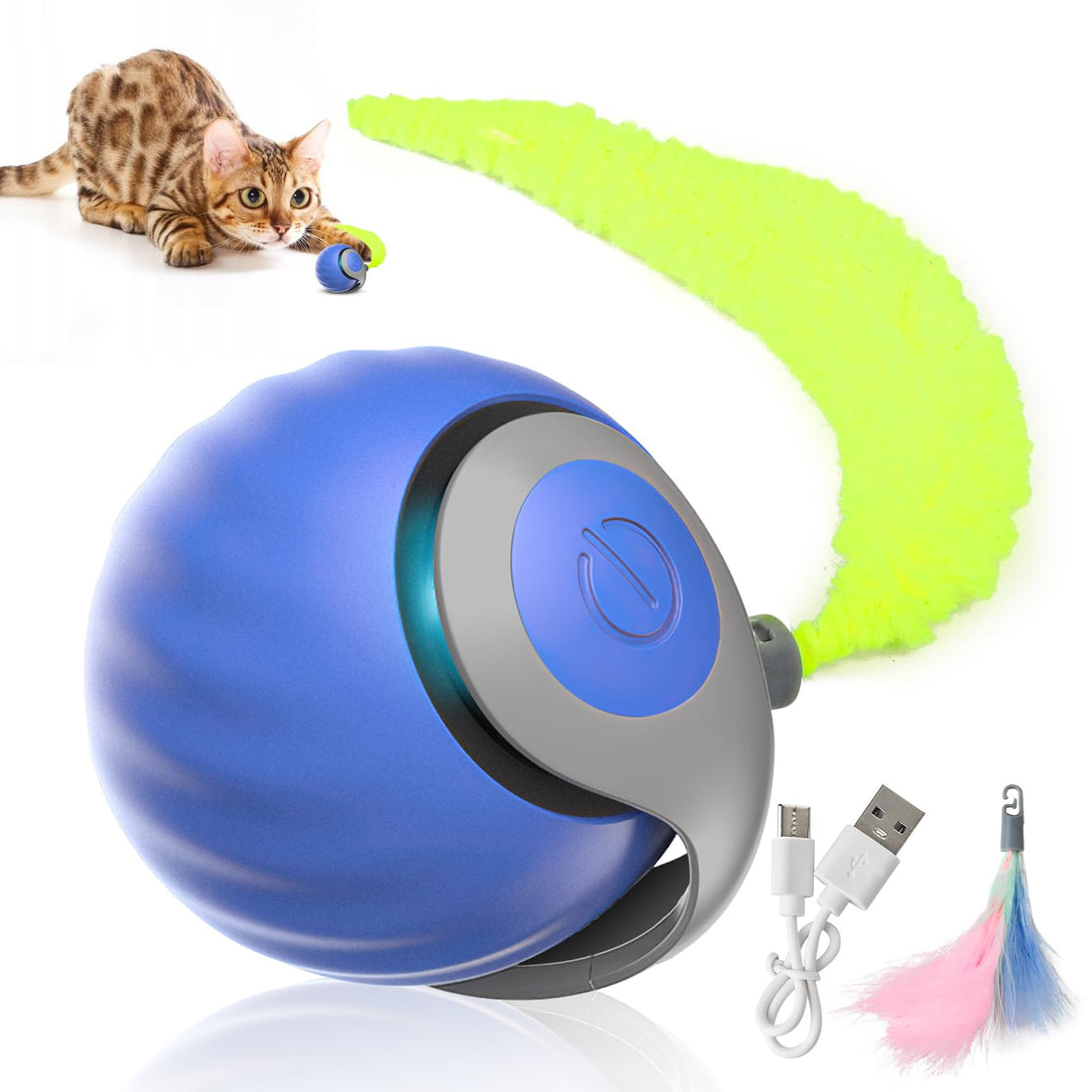 Electric Cat Toy Ball, Interactive Cat Toy, Spare Tail Rotating 360°, USB Rechargeable Moving Cat Toys, Automatic Cat Toys (Blue)
