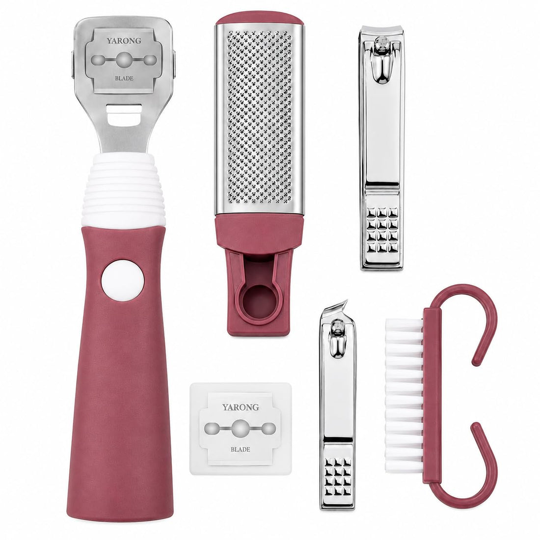 6 Pieces Pedicure Set Foot File Heel Peeler Nail Clipper Cleaning Brush Extra Head Exfoliating Dry Skin Soften Heel (Maroon)