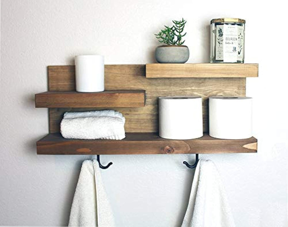 Genuine Decor Bathroom Shelf Organizer with Towel Hooks, Apartment Decor, Wooden Towel Holder Rack Shelf, Toilet Paper Holder Rack, Extra Space Rack for Bathroom, Bathroom Wall Shelf