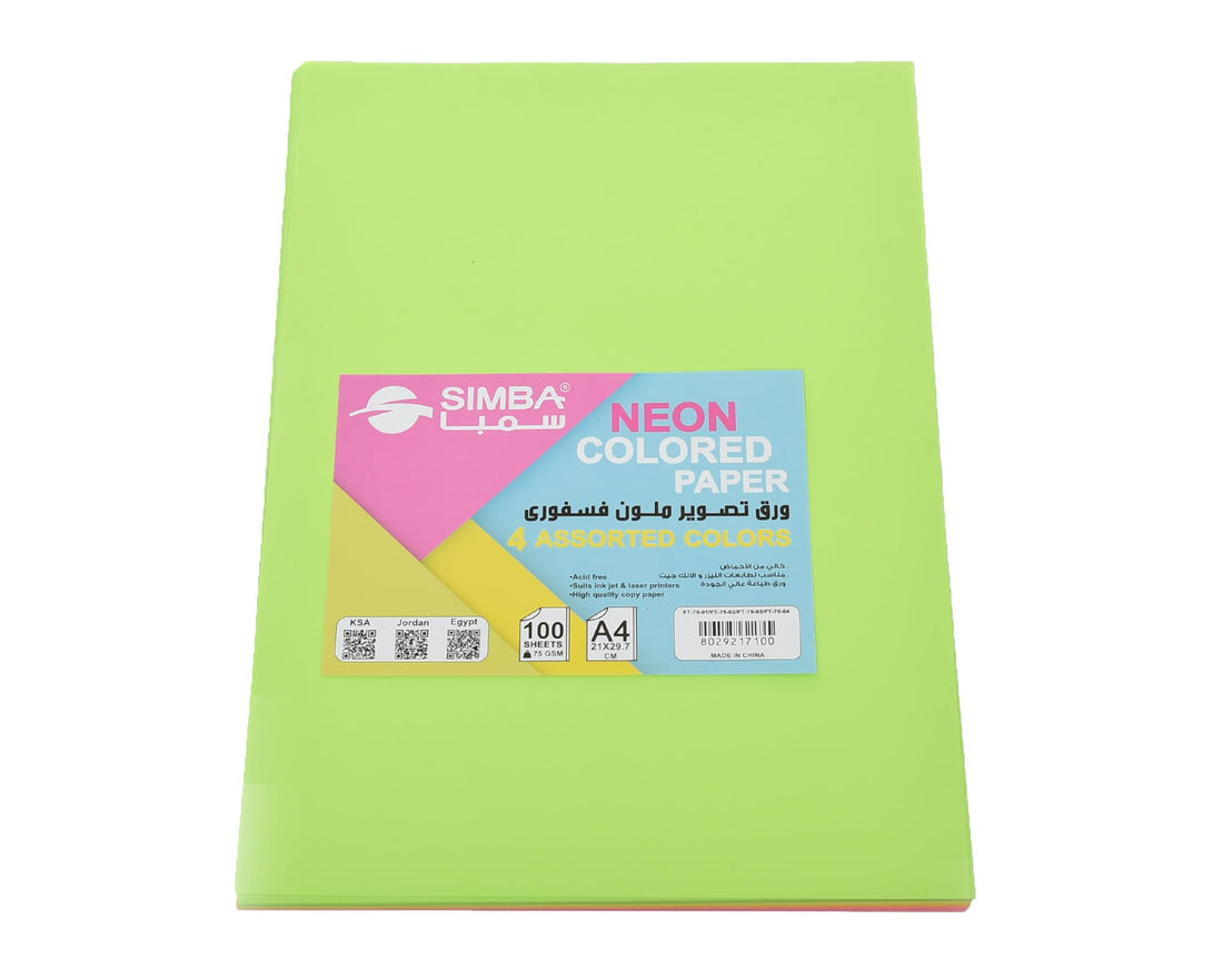 Simba Copy Paper Pack 100 Sheets 75gsm 5 Fluorescent Colors A4 Suitable for Printing Art and Office Documents