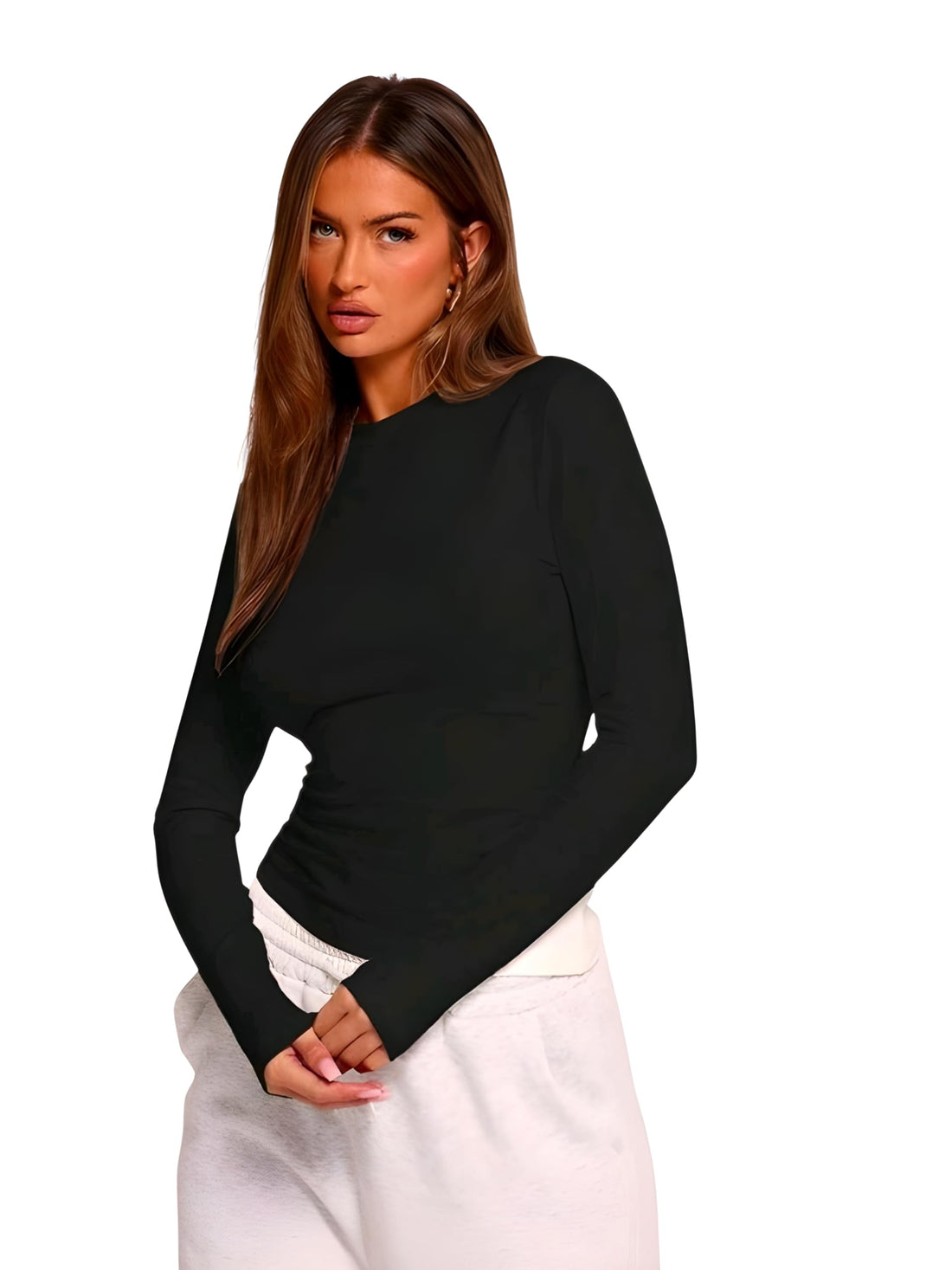 Round-Neck Solid Tank Top, BASICS Top With Long Sleeve and front double layer Women's Solid Color Daily Wear Camisole Top Long sleeve Tank Top Bodysuit توب بدى بكم مع طبقتين من الامام