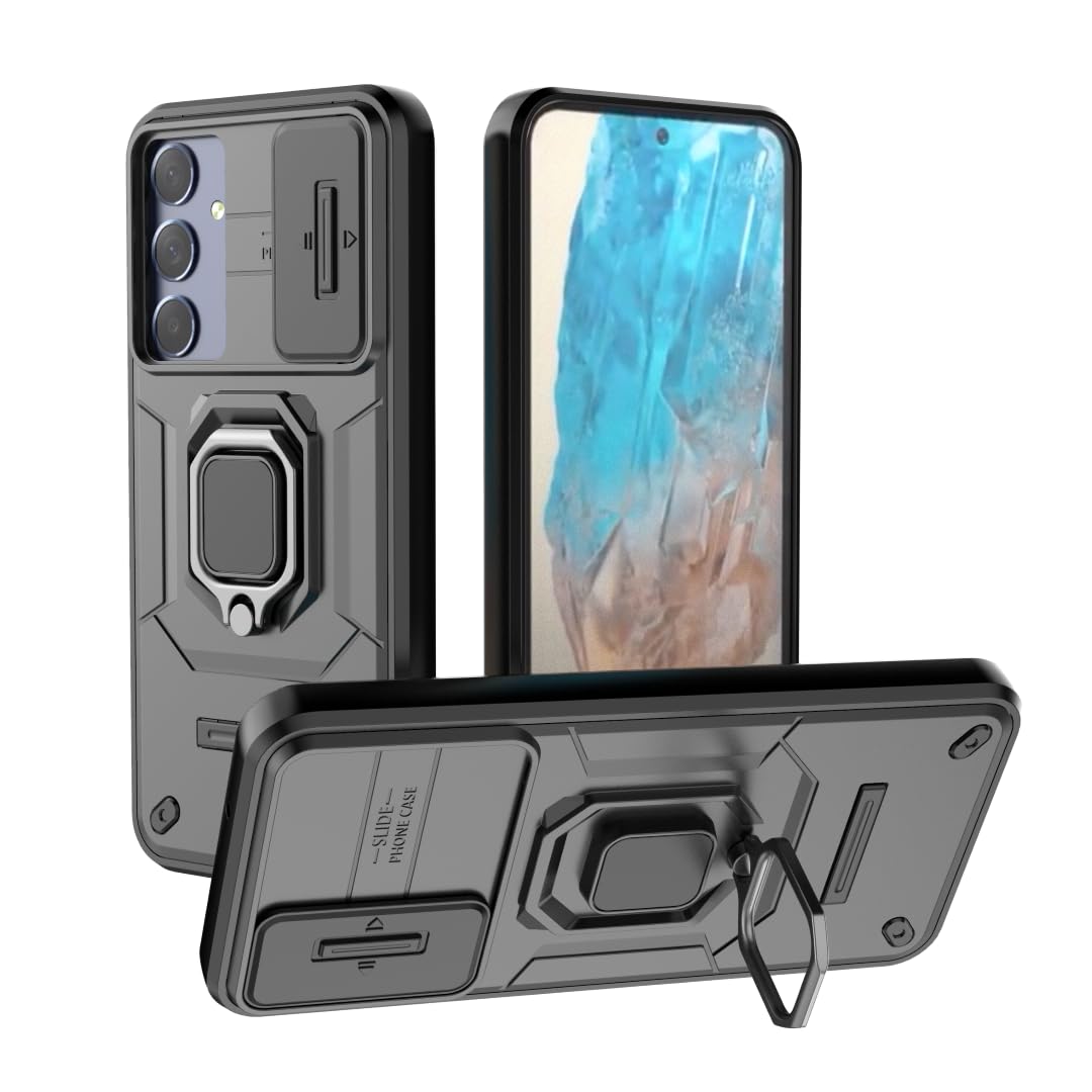 Compatible with Samsung Galaxy M35 5G, Durable phone case with military-grade drop protection, a sliding camshield, and a handy kickstand for added convenience. Black
