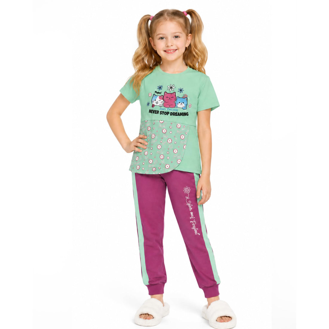 Domeso Girls Cotton Pajamas 12-18 Years, Half Sleeve Cat Floral Print T-shirt with Sweatpants, Summer Sleepwear Set #589