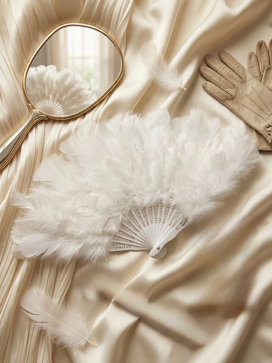 Luxury White Lace Folding Hand Fan – Classic Fan for Weddings, Events and Weddings (Soft Feather Hand Fan)