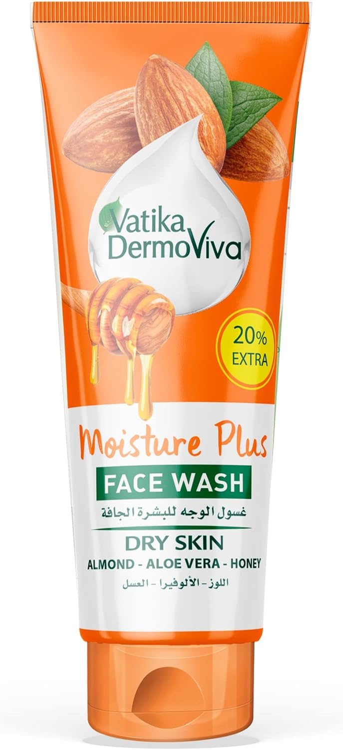 Vatika Dermoviva Moisture Plus Facewash (50mL + 10mL) | Natural Extract of Almond, Aloe Vera and Honey | Helps Dry Skin