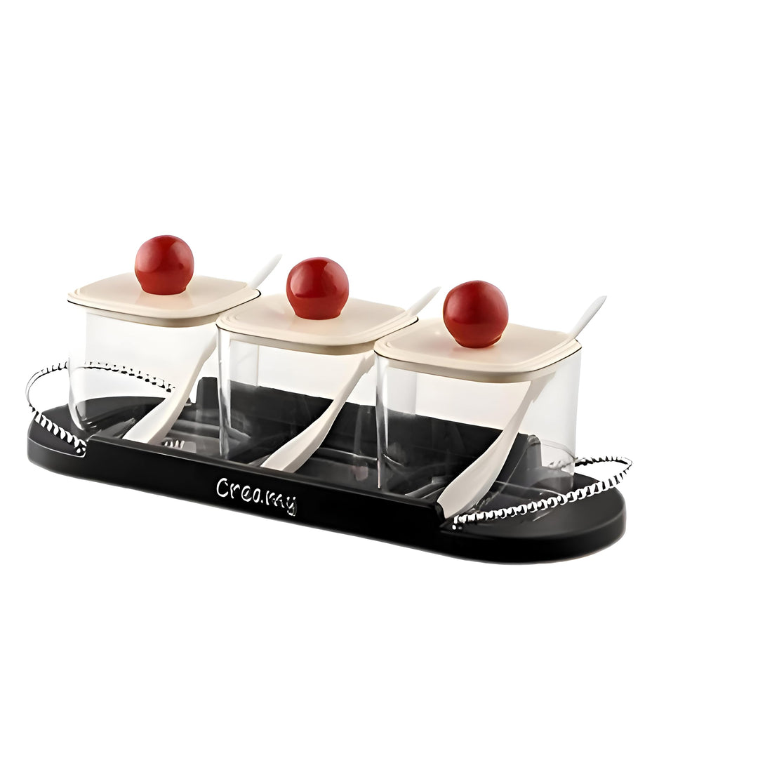 Condiment Organizer - Trio of transparent spice trays with lids, spoons, and stair-step stand; BPA-free, dishwasher safe, space-saving for countertop storage, meal prep, and buffet condiments