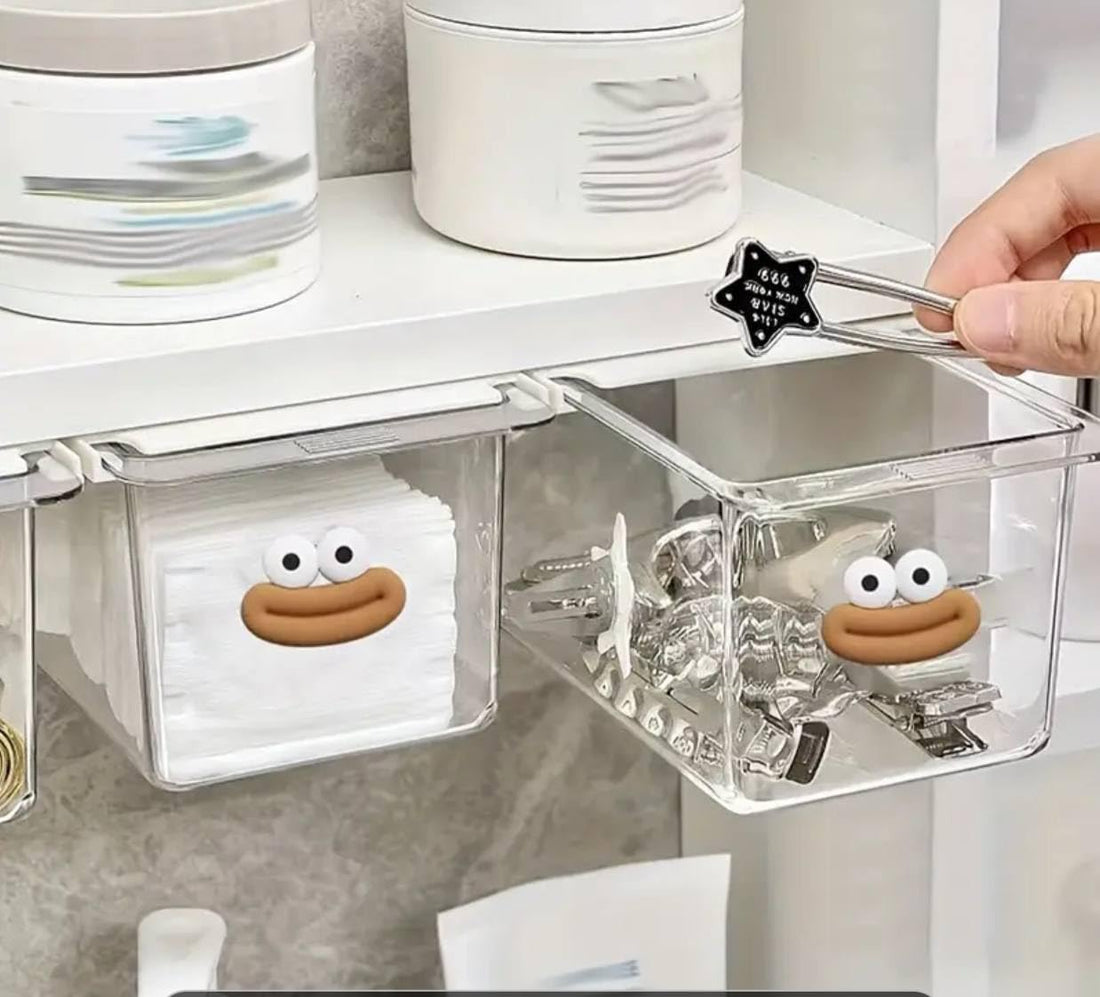 Clear Storage Box with Lid, Cartoon Face, Acrylic Plastic, 12x8x8cm, 2 Pack Double Face Drawer Organizer