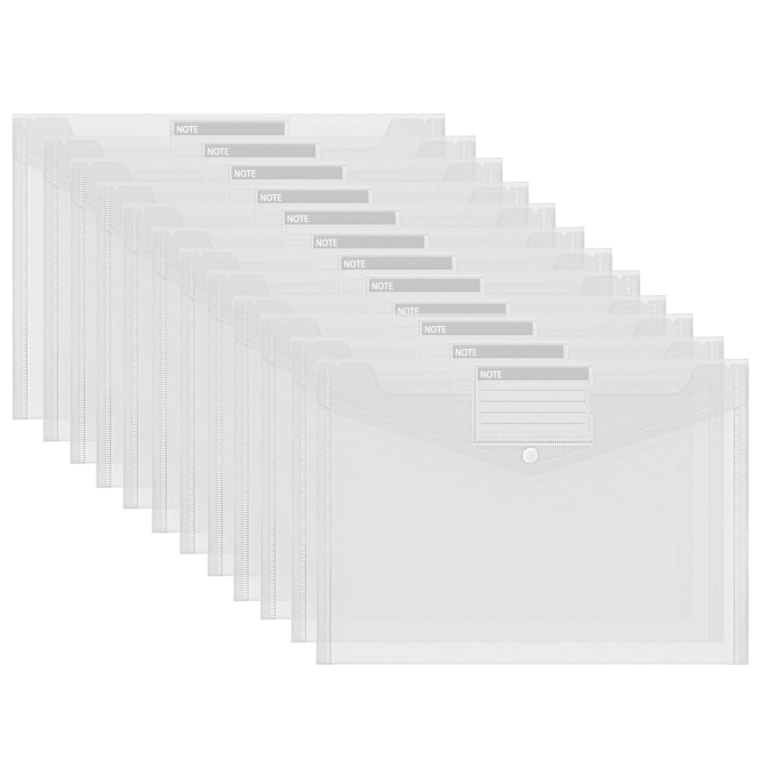 A4 Plastic Wallet Folder, 12 Pack Plastic File Folders, Waterproof A4 Popper Wallets, Clear Plastic Document File Folders with Label Pocket, for Office, School, Home, Travel