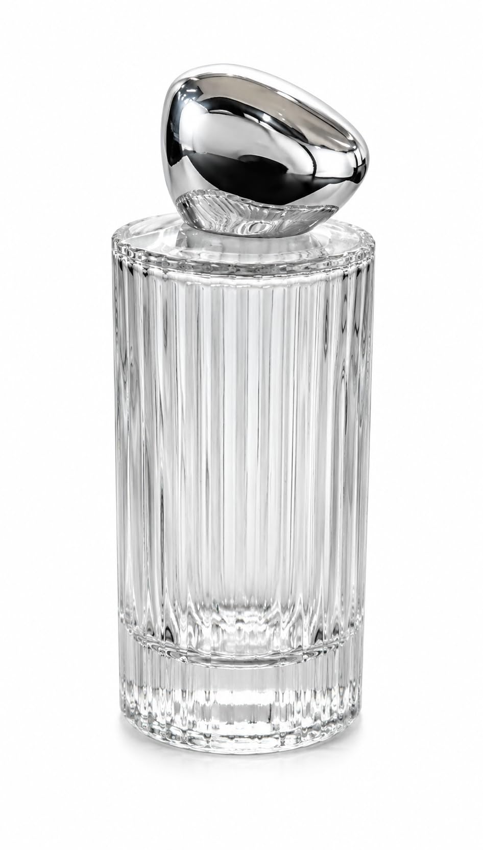 Empty Glass Perfume Bottle with Silver Chrome press fit Cap, Ribbed Cylindrical Design, Clear, 100 ml