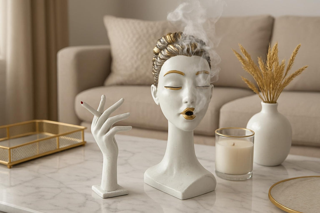 Elegant Woman Incense Burner Sculpture – Smoking Lady Aromatherapy Holder for Home Decor (Black or White with Gold Accents) (White/Gold)