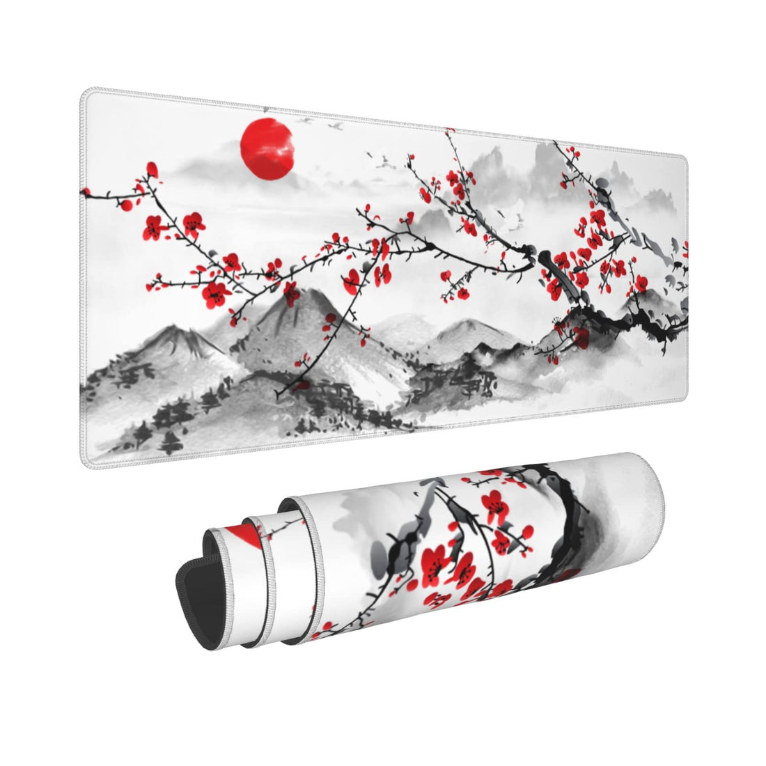 Watercolor Japanese Cherry Blossom Mouse Pad 31.5 X 11.8 Inch XL Red Sakura Design Extended Gaming Mousepad Large Non-Slip Rubber Base Keyboard Desk Mat with Stitched Edges for Gaming and Office