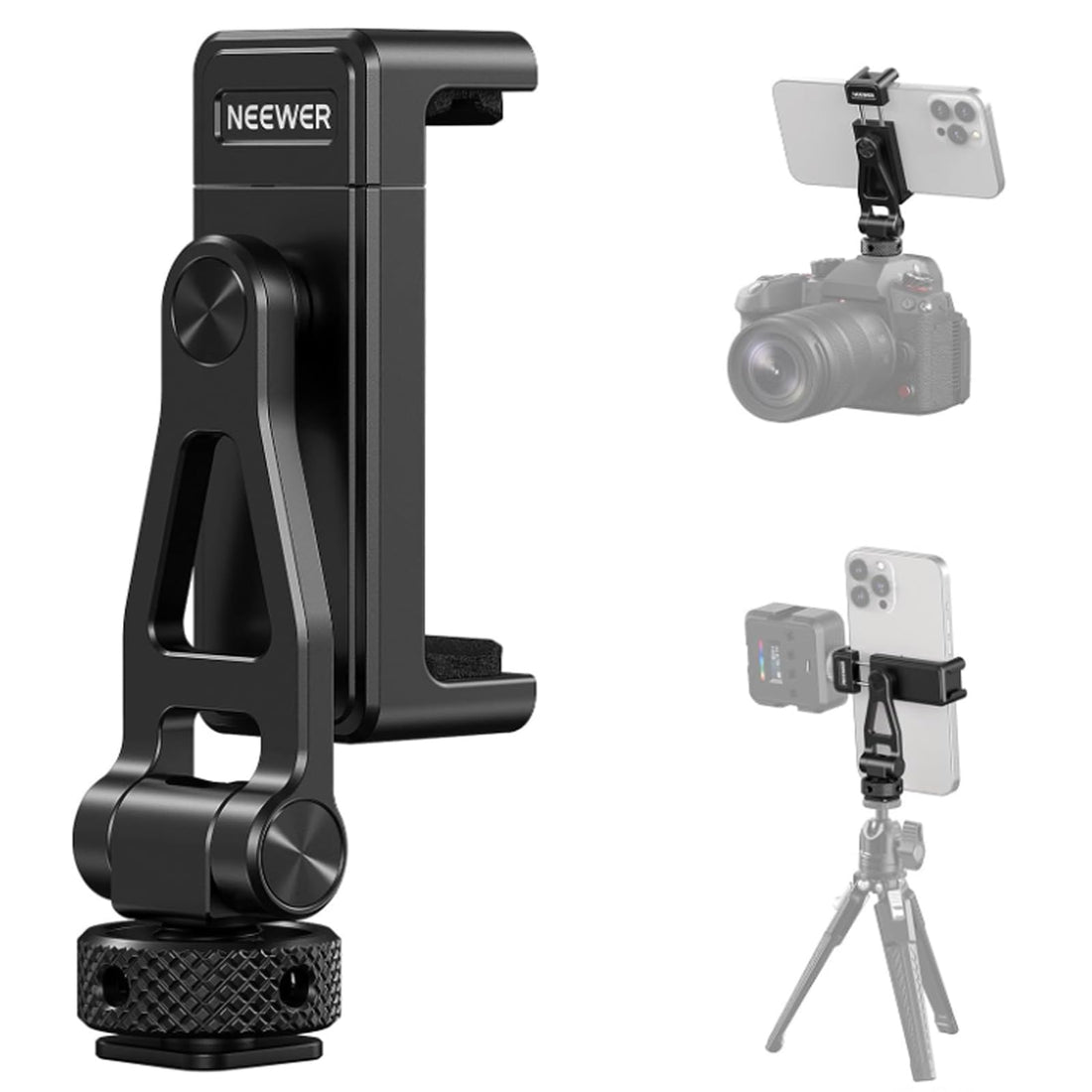 NEEWER Metal Phone Tripod Mount with Cold Shoes, 1/4" Thread, 180° Tilt, 360° Rotation, Adjustable Phone Clamp Metal Phone Holder Compatible with iPhone 15 Pro Max S24 Ultra Camera Cage, GA010
