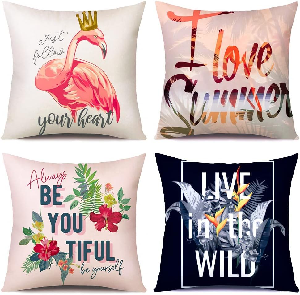 Cozy Cushion Covers, Set of 4 Soft Velvet Summer and Flamingo Pattern Decorative Throw Pillow Covers Cases for Sofa Couch Bedroom Living Room Home Decor 45x45CM
