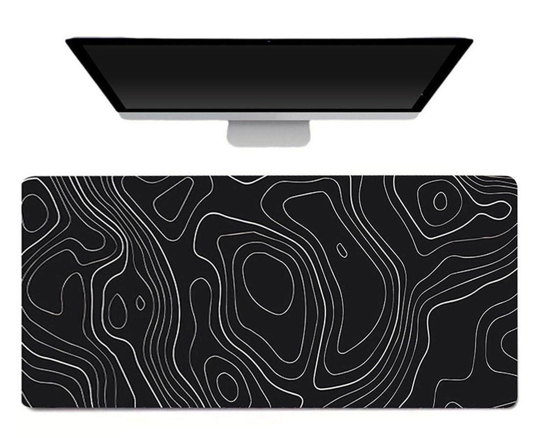 ECVV Gaming Mouse Pad XL - 80x30cm Large Mouse Mat with Anti-Slip Rubber Base for Keyboard and Mouse, for Home and Office(Black with White Topographic Line)