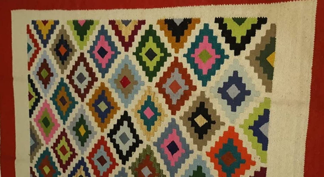 Egypt Antiques Handmade Egyptian Wool Kilim Original Zigzag Pattern Sambox Multicolor Maroon Frame 200 x 150 cm