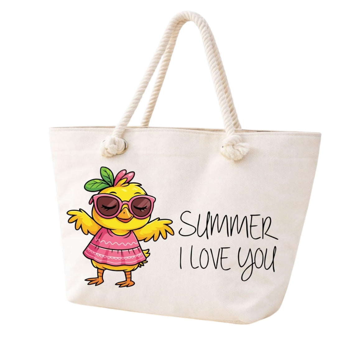 Funny Duck Beach Tote Bag for Women Summer Design Heavy Cotton Fabric Gold Zipper Inner Pocket Rope Handles Shoulder Bag for Travel Work