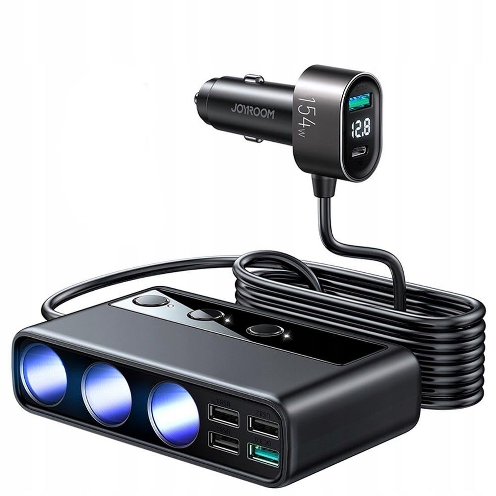 Joyroom Jr-Cl06 154W Car Cigarette Lighter Adapter Black With Three Sockets Six Ports Pd+Qc3.0 Usb 4|12 Months Warranty