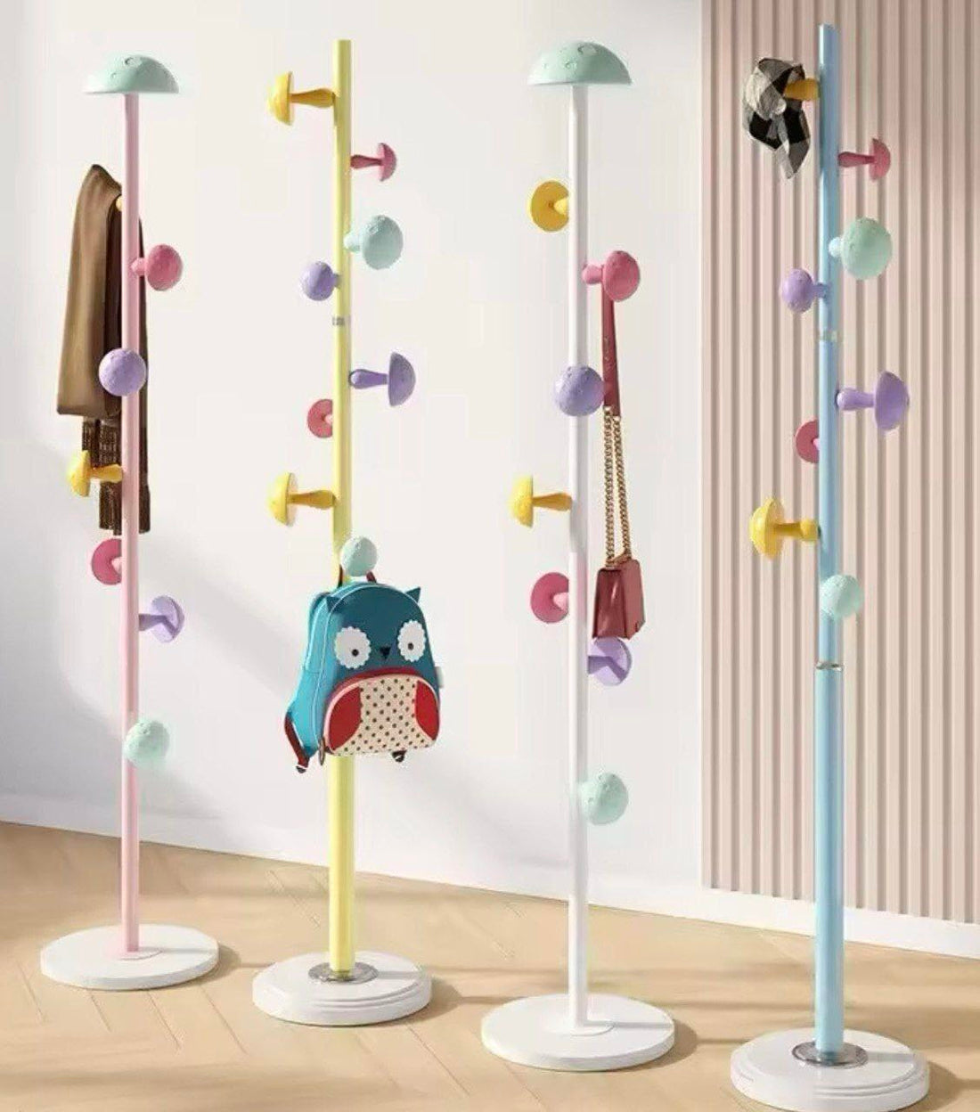 Metal Coat Rack for Kids Standing Coat Rack with Colorful Mushroom Hooks Resin Base 30cm Wide 1.67m Height Suitable for Entryway