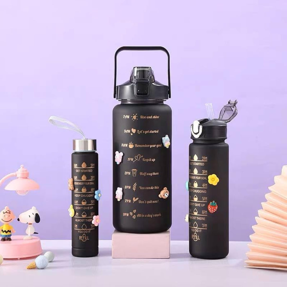 Water Bottle Set with 3 Pack, 3 Pack (2L+900ml+300ml), Leak Proof, BPA Free, Portable Plastic Sports Bottle for Camping, Bike, School