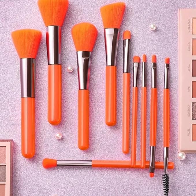 10 PCS Professional Makeup Brush Set - Premium Synthetic Flat Foundation, Blush, Make-up Brushes (Orange)