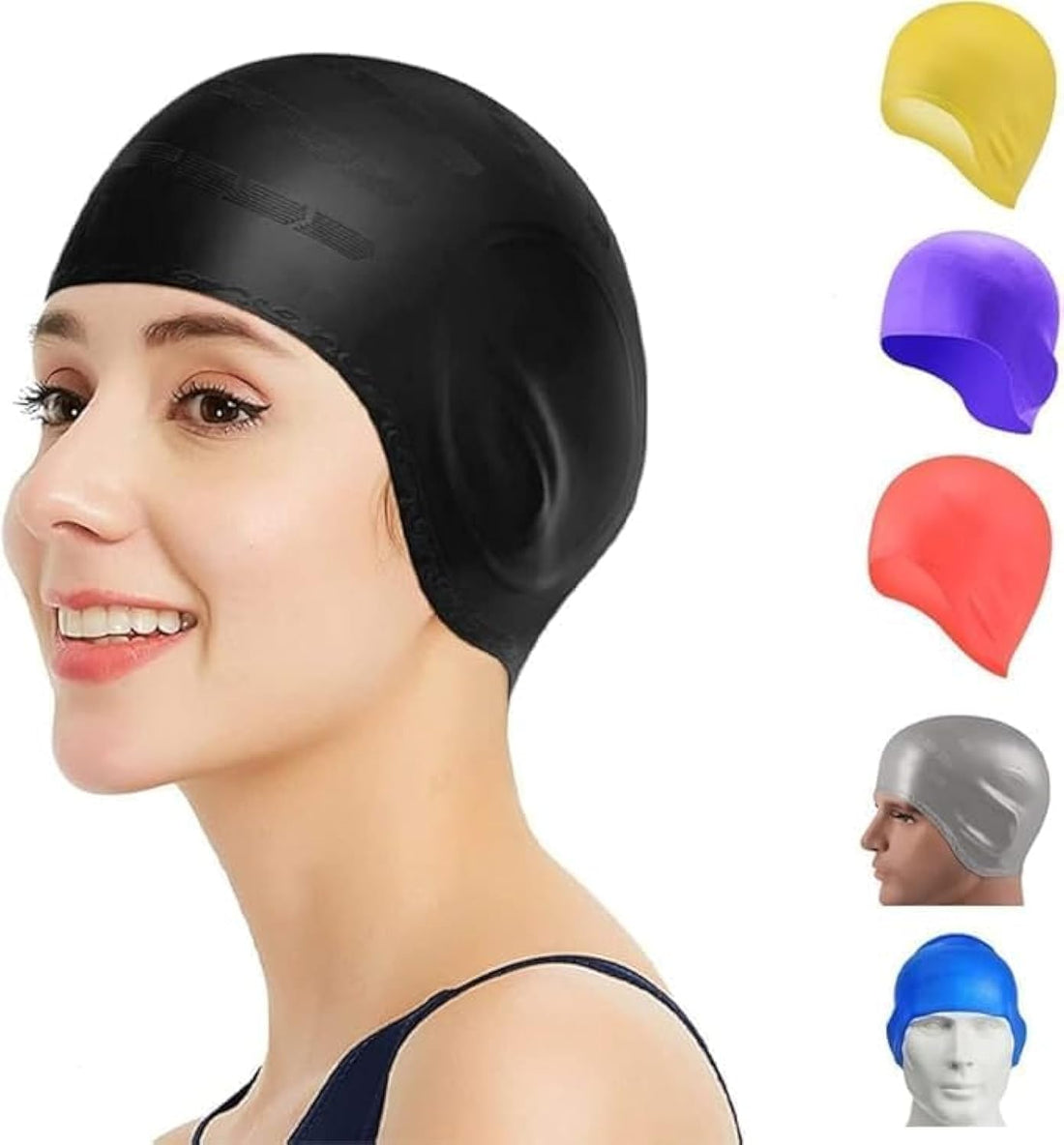 Women and Mens Adult Swim Cap Silicone 3D Ear Protection Soft Long Hair Swim Hat Durable Silicone Swimming Caps (Black)